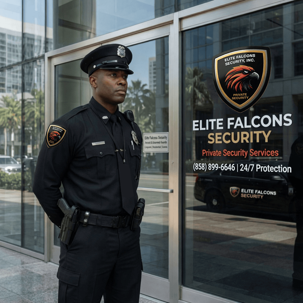 Security officer standing outside glass building entrance